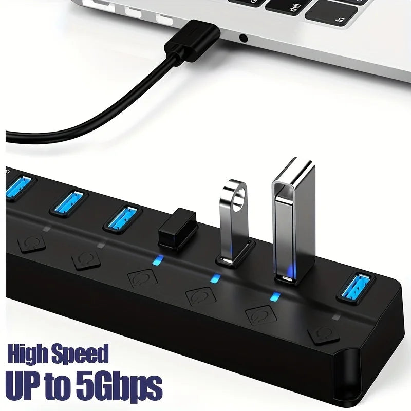 USB 3.0 Hub com Indicador LED, Controle de Interruptor Independente para Laptop 4/7 Porta