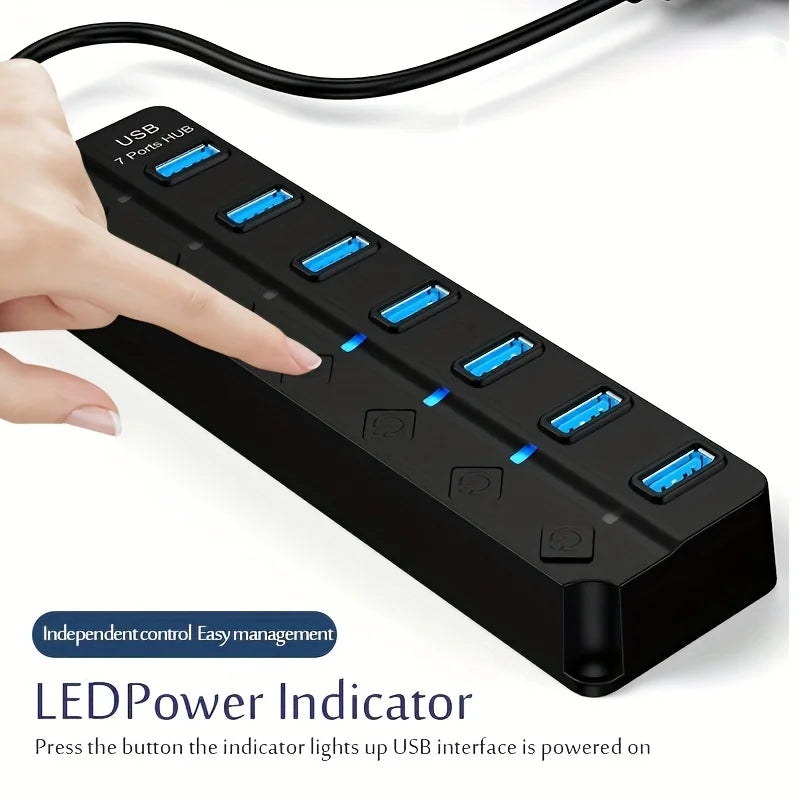 USB 3.0 Hub com Indicador LED, Controle de Interruptor Independente para Laptop 4/7 Porta