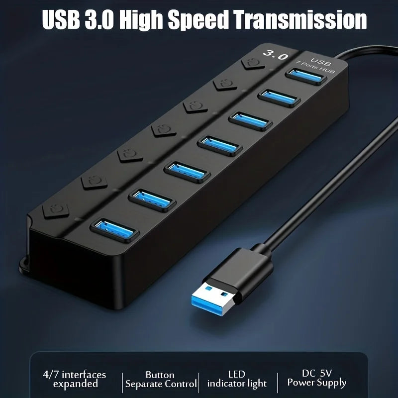 USB 3.0 Hub com Indicador LED, Controle de Interruptor Independente para Laptop 4/7 Porta