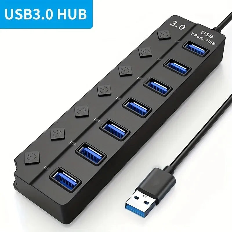 USB 3.0 Hub com Indicador LED, Controle de Interruptor Independente para Laptop 4/7 Porta