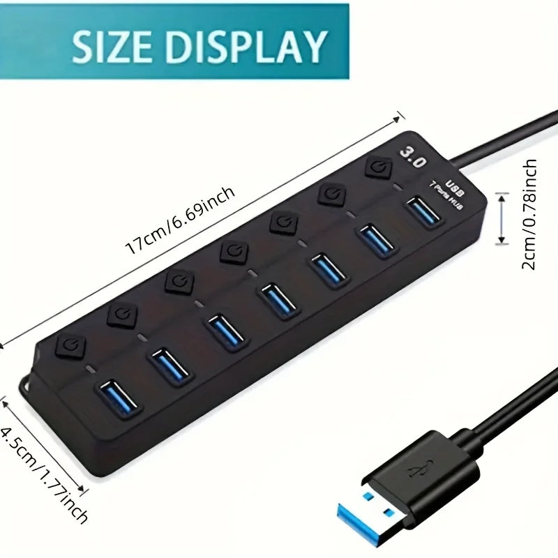 USB 3.0 Hub com Indicador LED, Controle de Interruptor Independente para Laptop 4/7 Porta